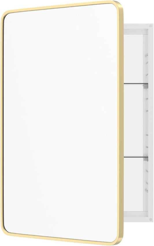 WallBeyond Bathroom Medicine Cabinet with Mirror, 24x36 Inch Gold Recessed Medicine Cabinet with Round Corner Aluminum Alloy Metal Framed, Single Door Modern Mirror Cabinet with Storage