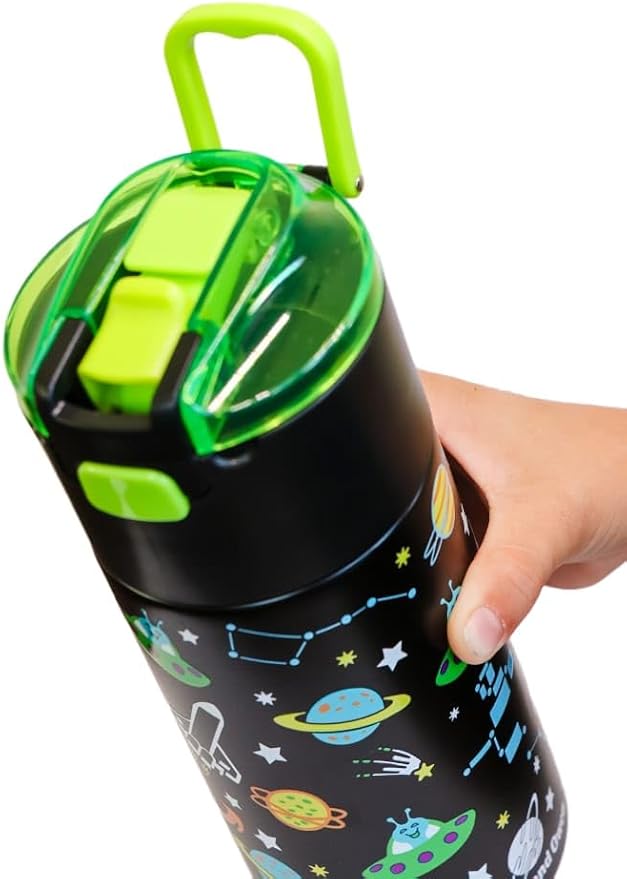 Kids insulated water bottle with straw and snack cup. Double wall stainless steel 14oz (black and green space)