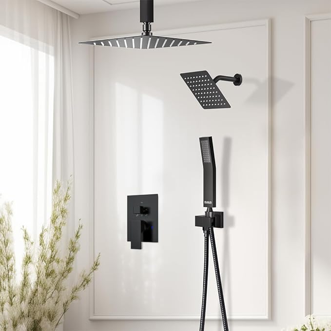 Shower Systems Shower Faucet Sets Matte Black, STARBATH 12+6" Dual Rain Shower Head with Handheld Spray for Two People, Ceiling Mount 3 Way Rainfall Shower Valve with 5 Diverter and Trim Kit Complete
