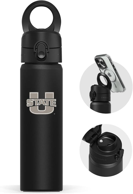 RHINOSHIELD AquaStand Magnetic Bottle 23 oz | Stainless Steel Insulated Sport Bottle w/MagSafe Handle, Adjustable Tripod, Rounded Spout & Leak-Proof - Utah State University - Utah State™ - Black
