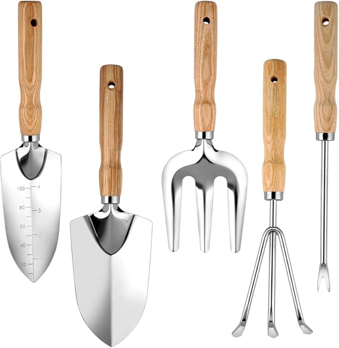 5-Piece Garden Tool Set, Heavy-Duty Rust-Resistant Stainless Steel with Ergonomic Non-Slip Wooden Handles – Durable Gardening Tools Gift, Includes Trowel, Transplanter, Hand Fork, Cultivator & Weeder