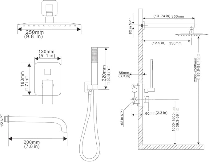 Brushed Nickel Shower System Bathroom Shower Faucet Set with Tub Spout Wall Mounted 10 Inch Shower Head and Handle Set with Handheld 3 Function Tub and Shower Trim Kit with Valve