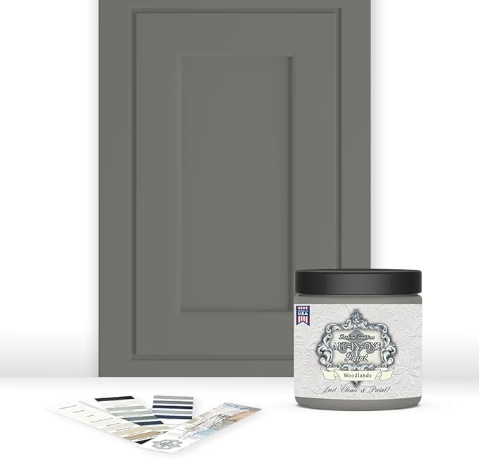 ALL-IN-ONE Paint, Durable cabinet and furniture paint. Built in primer and top coat, no sanding needed. Includes our 30 featured color card - Woodlands (muted, earthy, mossy green), 8oz Sample