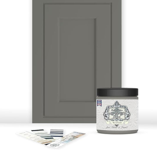 ALL-IN-ONE Paint, Durable cabinet and furniture paint. Built in primer and top coat, no sanding needed. Includes our 30 featured color card - Woodlands (muted, earthy, mossy green), 8oz Sample