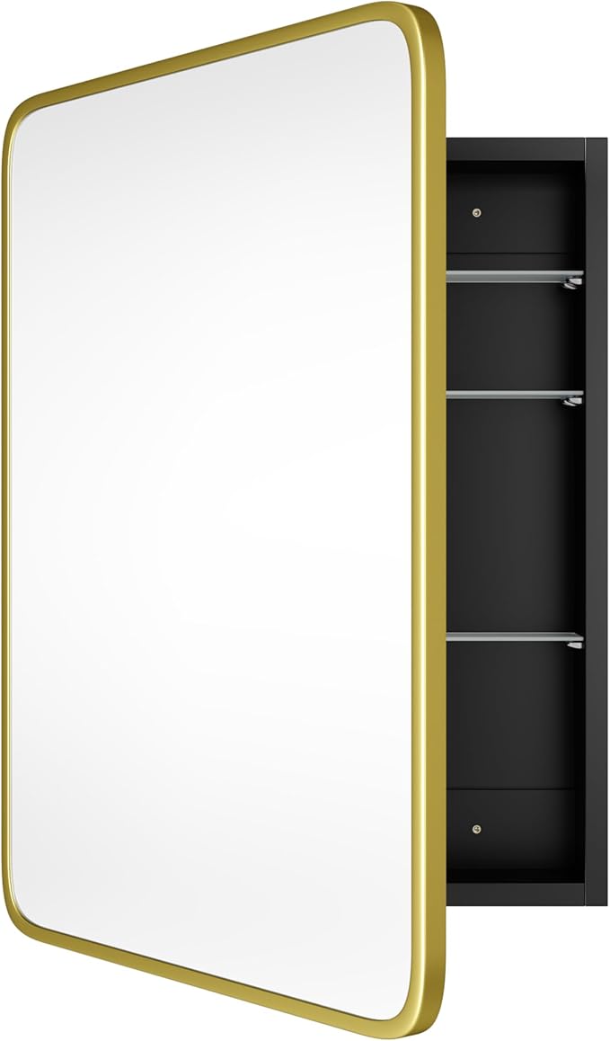 Bathroom Wood Black Cabinet with 20''x30'' Brushed Gold Metal Frame Curved Mirror, Recessed Medicine Cabinet, Bathroom Storage Cabinet