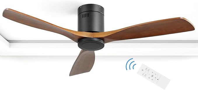 CACI Mall 52 Inch Flush Mount Wood Ceiling Fan without Light,Low Profile,Modern,6 Speed,3 Blades Timer,Remote Control,Quiet Reversible DC Motor for Berdrooms, Livingroom, Patios