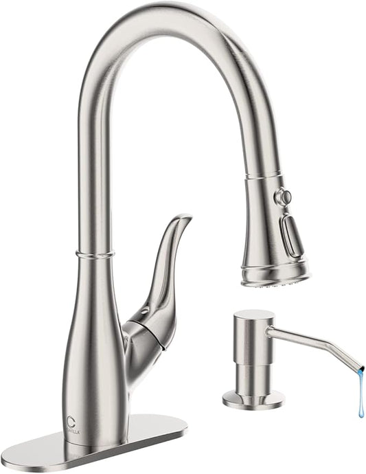 Kitchen Faucet with Soap Dispenser, Faucet for Kitchen Sink, Single Handle Stainless Steel Kitchen Sink Faucets with Pull Down Sprayer and Deck Plate, RV Sink Faucet, Nickel Brushed