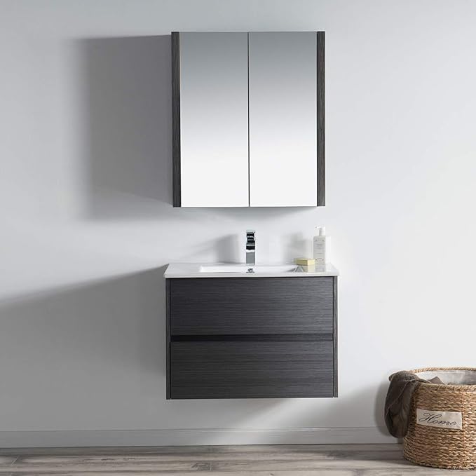 Blossom Single Bathroom Vanity with Ceramic Sink and Mirror Medicine Cabinet | All Wood Floating Vanity Cabinet | 2 Soft-Closing U-Shaped Cutout Drawers | 30 inch, Silver Grey