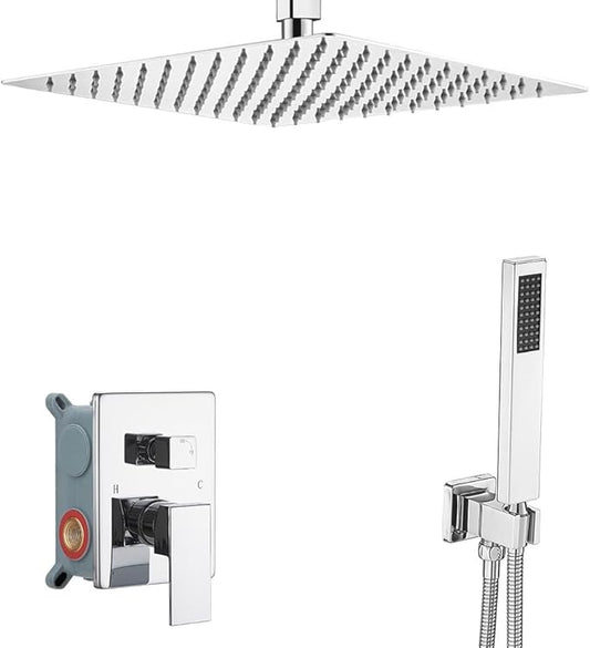 12 Inch Polish Chrome Ceiling Mount Shower System Bathroom Luxury Rain Mixer Shower Combo Set Ceiling Rainfall Shower Head System Faucet Contain Rough-in Valve and Trim Included