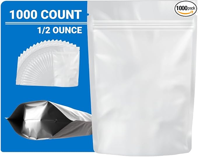Mylar Bags Smell Proof 1/2 Ounce All White - 1000 Count 8" X 5" 6mill Thickness - Packaging Bags - Mylar Bags For Food Storage - Resealable Bags - Smell Proof Bags