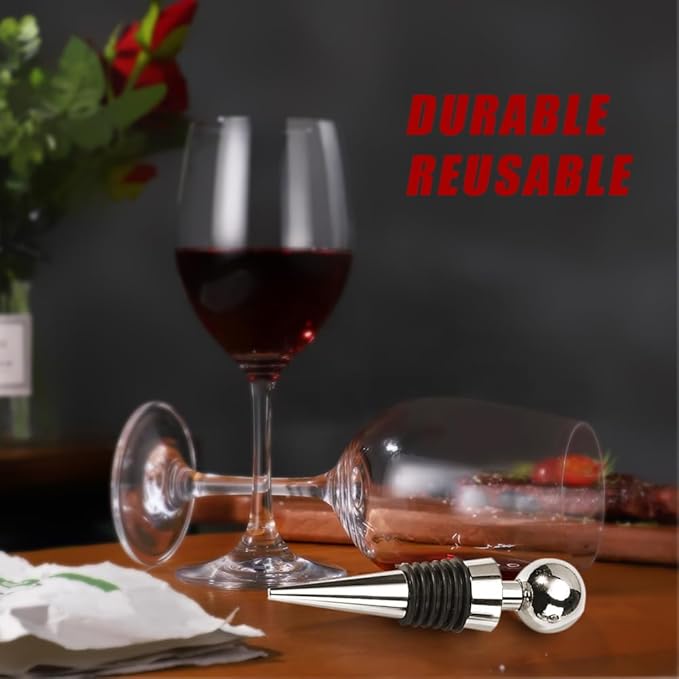 Seal Wine Stoppers, 4-Pack - Durable Silicone & Stainless Steel Wine Bottle Corks, Reusable & Leakproof, Keeps Wine Fresh, Fits Standard Bottles (Silver)