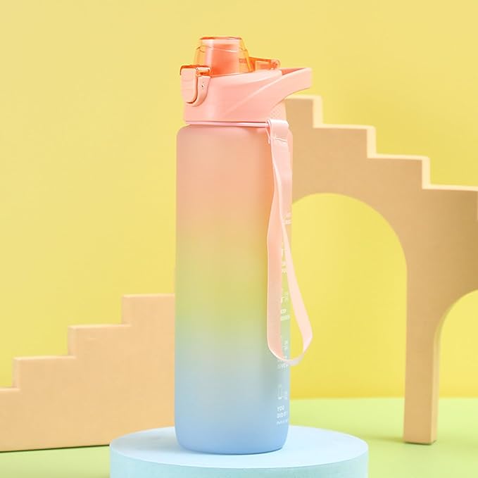 DEARART 32oz Multi Pink Water Bottle, Detachable Straw Wide Mouth Motivational & Time Marker with Handle Easy Carried, Flip Up Lid Lock Feature, Suit Travel Office Yoga Gym School Work etc.