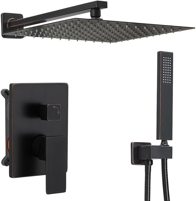Oil Rubbed Bronze rain Shower Faucet Set Shower System 12 Inches Square Shower Head with Handheld, Waterfall Showerhead, All Metal Shower Faucet Trim Repair Kits (Contain Shower Valve)