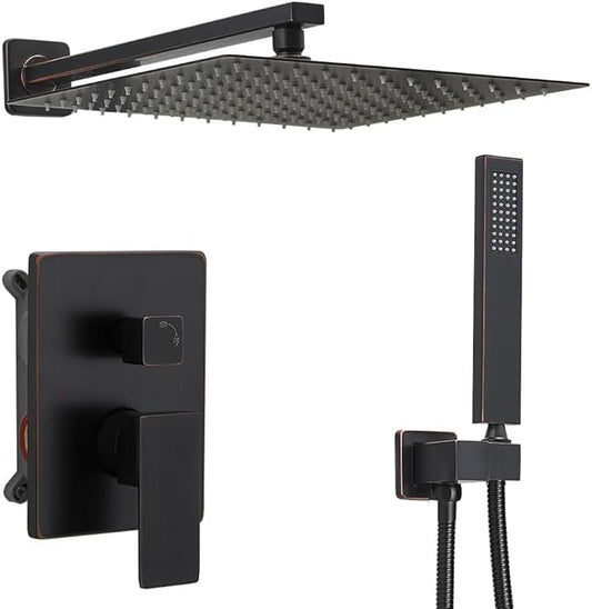 Oil Rubbed Bronze rain Shower Faucet Set Shower System 12 Inches Square Shower Head with Handheld, Waterfall Showerhead, All Metal Shower Faucet Trim Repair Kits (Contain Shower Valve)