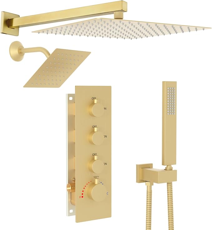 Enga Thermostatic Dual Shower System, 12"+6" Wall Mount Dual Rain Shower Faucet, All Functions Use Together & Volume Adjustable, Brushed Gold
