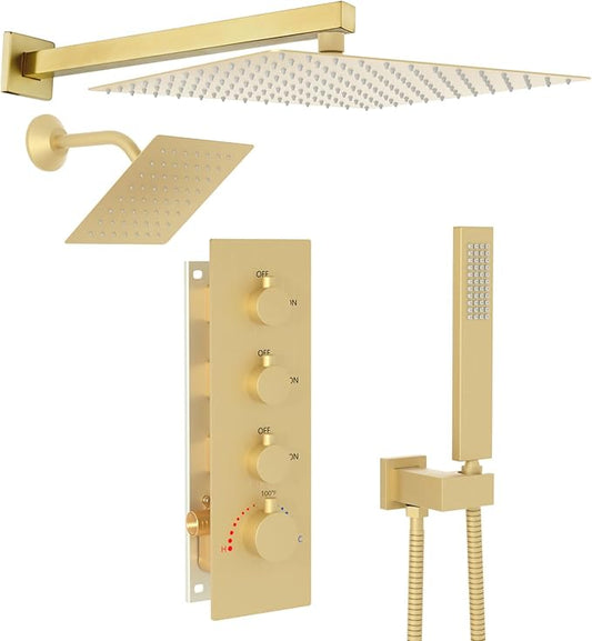 Enga Thermostatic Dual Shower System, 12"+6" Wall Mount Dual Rain Shower Faucet, All Functions Use Together & Volume Adjustable, Brushed Gold
