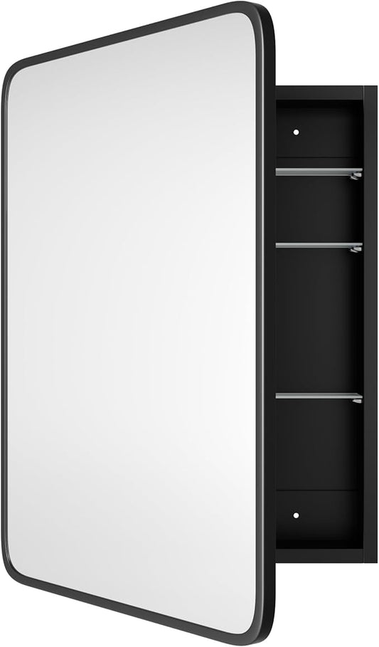 Bathroom Wood Black Cabinet with 20''x30'' Black Metal Frame Curved Mirror, Recessed Medicine Cabinet, Bathroom Storage Cabinet