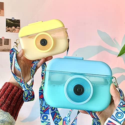 Blue Camera Bottle Travel Cup with Straw Birthday Party Gift Ice Drinking Water Bottle Mug with Strap Picnic (camera blue, 400 ml)