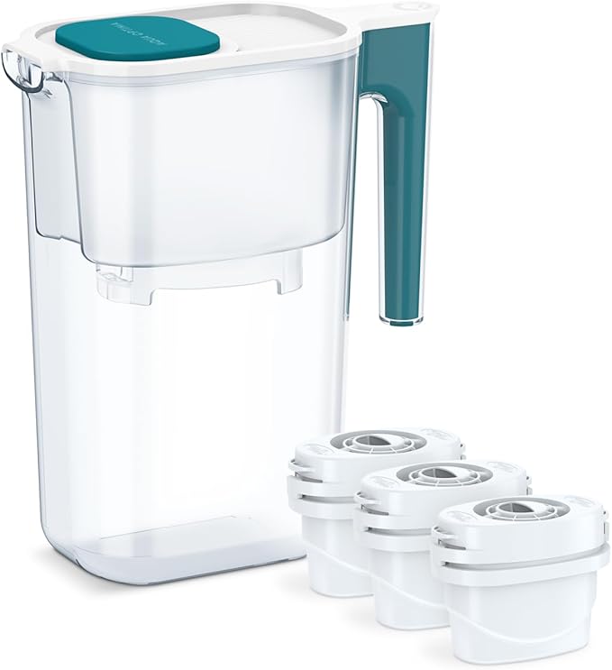 Perfect Pour Large 10 Cup Water Filter Pitcher by Aqua Optima, Reduces Microplastics, Ergonomic, Eliminates Splashes and Spills, BPA Free, NSF Certified, Includes 3 Evolve+ Water Filters, Blue