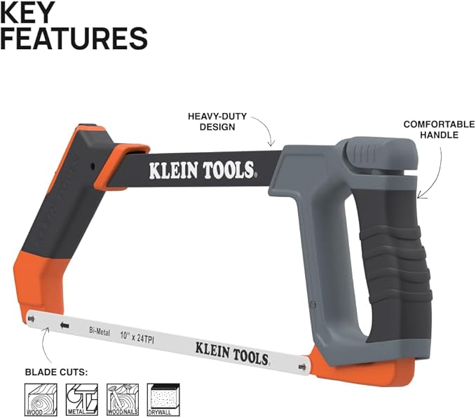 Klein Tools 31430 High Tension Hacksaw with Heavy Duty Frame, Converts to Jab Saw, Includes 12-Inch x 24 TPI and 6-Inch x 24 TPI Bi-Metal Blades, In-Frame Storage for Extra Blades