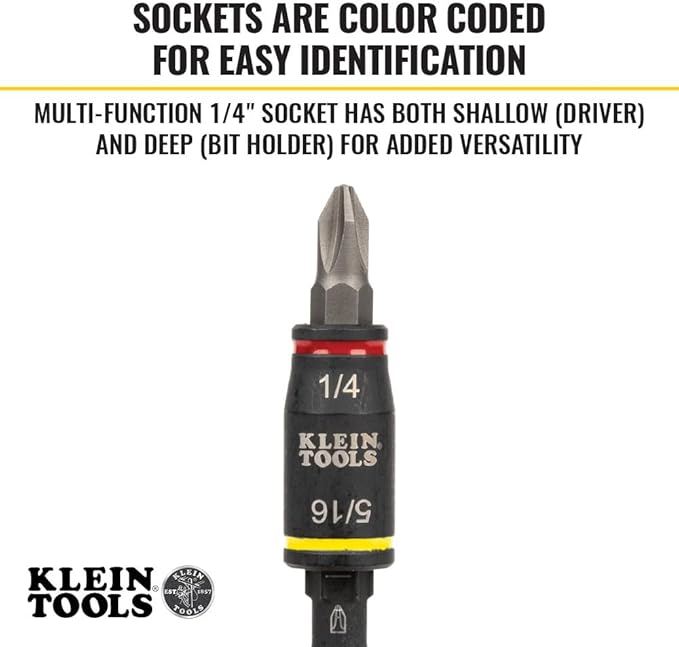 Klein Tools 32308F Impact Driver Set, 10-in-1 Stubby Driver Set, Hex Flip Socket, 7 Bits, 1/4-Inch Deep Bit Holding Feature, 10-Piece