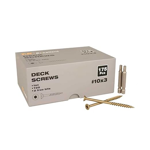 T.K.Excellent Deck Screws 3 Inch Wood Screws Outdoor #10 x 3, 175 Pcs, Rust Resistant Structural Fence Screws Torx Drive Screw, for Gazebos or Siding, Two T25 Bits, Brilliant Brown/Tan Ruspert Coating