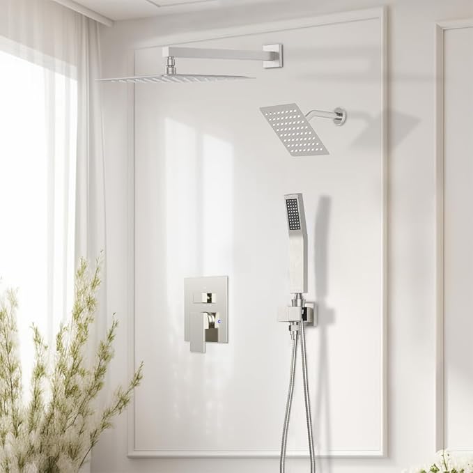 Shower Faucet Set Brushed Nickel Shower System, STARBATH 12+6" Double Rain Shower Head and Handheld Spray for Two Person, Wall Mounted 3 Way Shower Valve with 5 Diverter and Trim Kit Complete