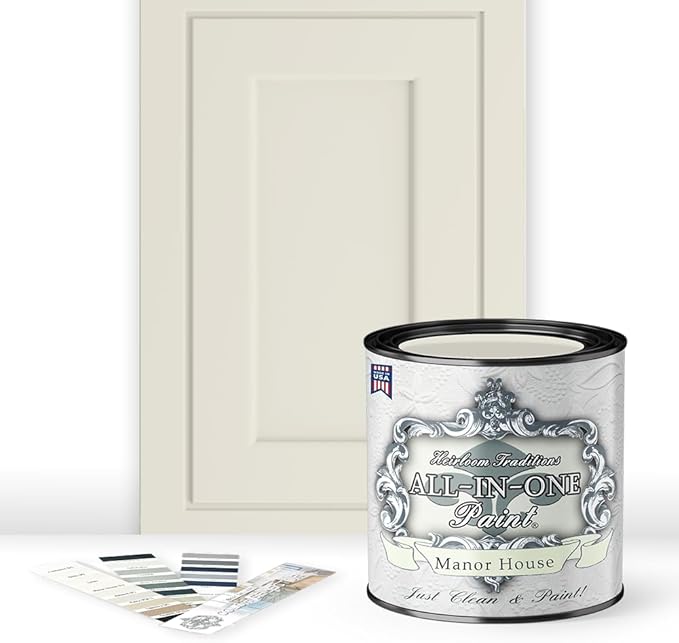 ALL-IN-ONE Paint, Durable cabinet and furniture paint. Built in primer and top coat, no sanding needed. Includes our 30 featured color card - Manor House (creamy off white), Quart