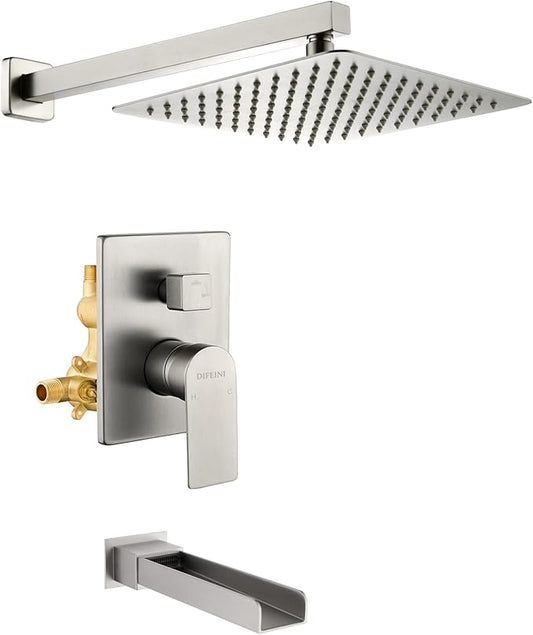 Shower Faucet Set with Waterfall Tub Spout Tub and Shower Trim Kit with Rough in Valve Waterfall Shower Tub Faucet Set Wall Mount Shower System Brushed Nickel