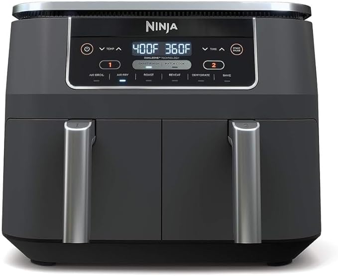 Ninja DZ201 Foodi 8 Quart 6-in-1 DualZone 2-Basket Air Fryer with 2 Independent Frying Baskets, Match Cook & Smart Finish to Roast, Broil, Dehydrate & More for Quick, Easy Meals, Grey
