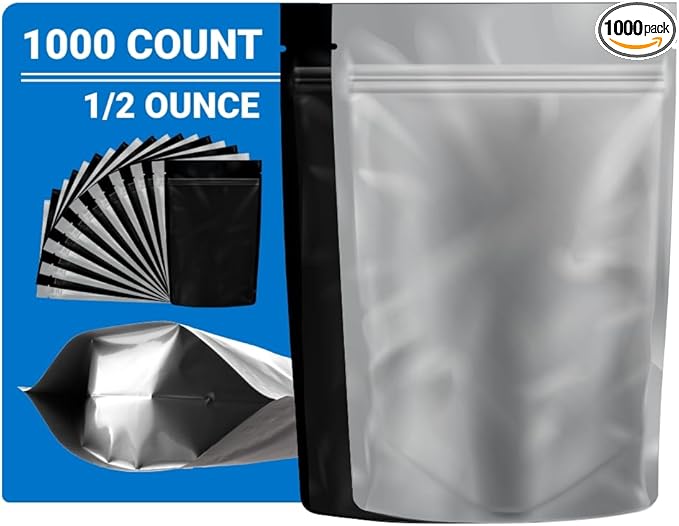 Mylar Bags Smell Proof - Half Ounce Black/Clear - 1000 Count -8" X 5" 6mil Thickness- Packaging Bags - Mylar Bags For Food Storage - Resealable Bags - Edible Packaging - Dry Herb Packaging