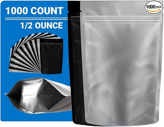 Mylar Bags Smell Proof - Half Ounce Black/Clear - 1000 Count -8" X 5" 6mil Thickness- Packaging Bags - Mylar Bags For Food Storage - Resealable Bags - Edible Packaging - Dry Herb Packaging
