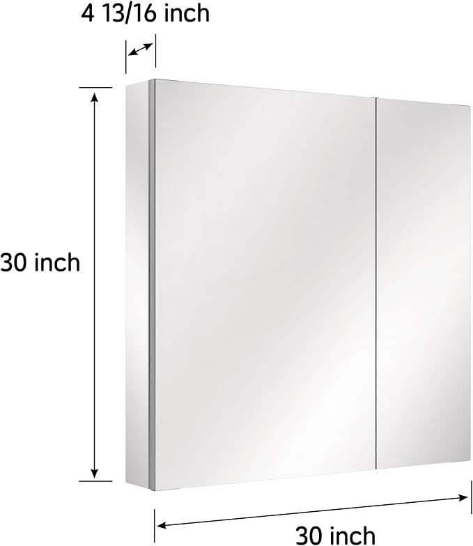 30''×30'' Bathroom Medicine Cabinet, Storage Cabinet with Mirror Door, Vanity Mirror, Blum Hinges Soft-Close Door, Recessed/Surface Mount, Adjustable Glass Shelves