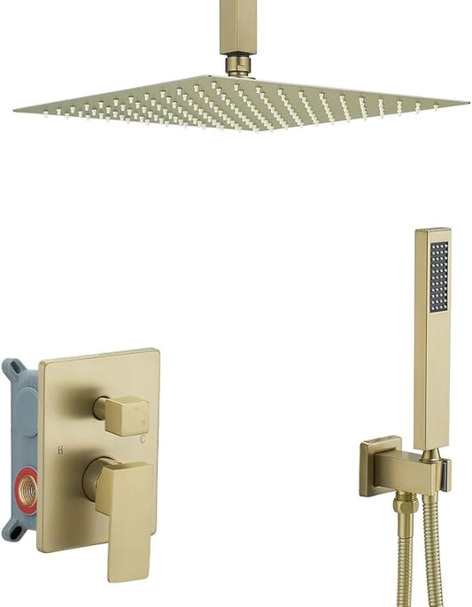 12 Inch Brushed Gold Ceiling Mount Shower System Bathroom Luxury Rain Mixer Shower Combo Set Ceiling Rainfall Shower Head System Faucet Contain Rough-in Valve and Trim Included