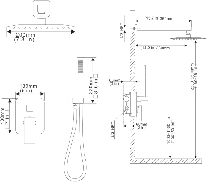 Matte Black Shower System Brass Bathroom Luxury Rain Mixer Shower Combo Set Wall Mounted Rainfall Shower Head System Shower Faucet Rough-in Valve Body and Trim Included