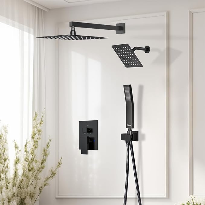 Shower Faucet Set Matte Black Shower System, STARBATH 12+6" Dual Rain Shower Head with Handheld Spray for Two People,Wall Mount Rainfall 3 Way Shower Valve with 5 Diverter and Trim Kit Complete