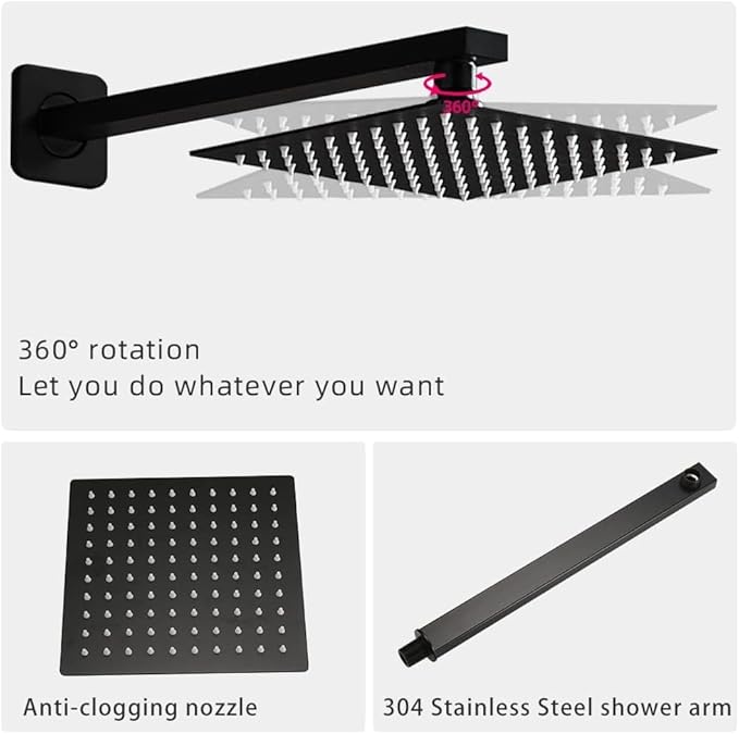 Matte Black Shower Faucet Set with Tub Spout Bathroom Luxury Rain Mixer Shower Head System Wall Mounted Shower Faucet Complete, Single Handle Tub and Shower Trim Kit with Rough-in Valve