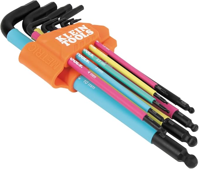 Klein Tools BLS9M 9-Piece Metric Ball End Hex Key Caddy Set, Color-Coded L Style, Extra-Long, Heat-Treated, 1.5 to 10 mm