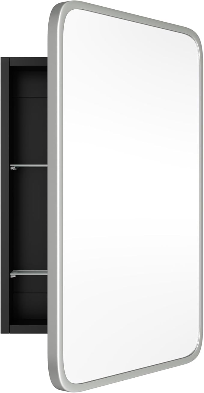 Vintage-Style Bathroom Wood Black Cabinet with 16.5''x24'' Brushed Nickel Metal Frame Curved Mirror, Recessed Medicine Cabinet, Bathroom Storage Cabinet