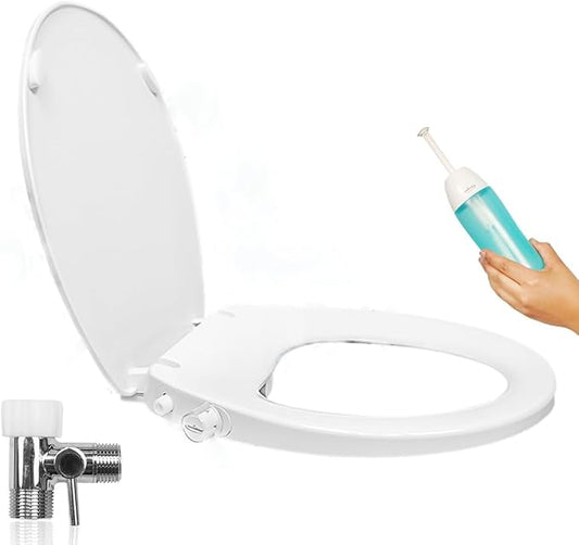 GenieBidet Bidet Toilet Seat Elongated - Dual Nozzles with T adapter & Bottle - Adjustable Water Pressure & Slow Close Bidet Seat Elongated with No Wiring & Easy Installation