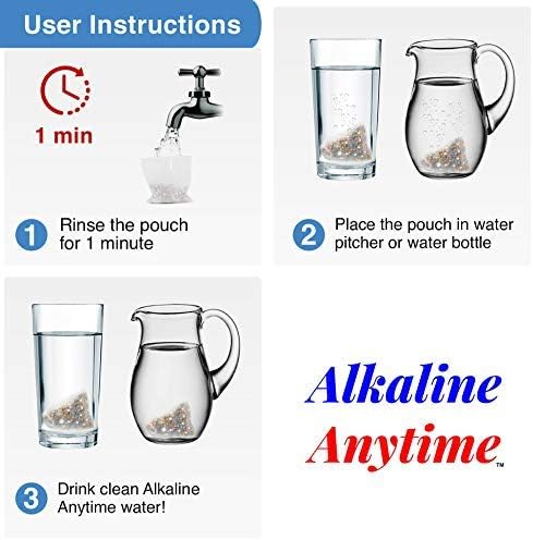 Alkaline Anytime Worlds Best Water Filter Pouch for Alkaline Water- Mobile Filtration System For Pitcher, Cup, Bottle, Jug, any Container -High pH 9.5+ Ionized Electrolytes-Long-Life 60 Gallons-