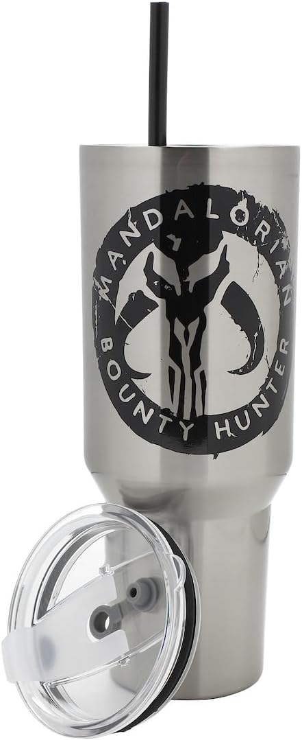 Bioworld Star Wars Mandalorian Mythosaur Skull Bounty Hunter Logo 40 Oz Silver Stainless Steel Tumbler