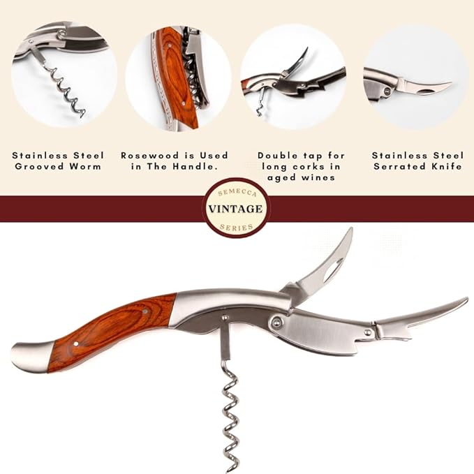 Semecca® Corkscrew Wine Opener, Waiter's Corkscrew, Double Stage, The perfect Wine Opener and Wine key, Wine Bottle Shaped Wooden Box, Gift for Wine Lovers (Rosewood)