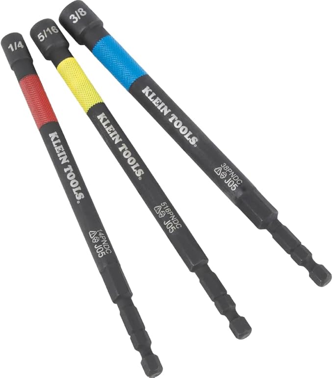 Klein Tools 65411PK3 Magnetic Color-Coded Power Nut Setter Set, 1/4-Inch Impact Hex Drive, 5-Inch Shaft, Extended Reach, 3-Piece
