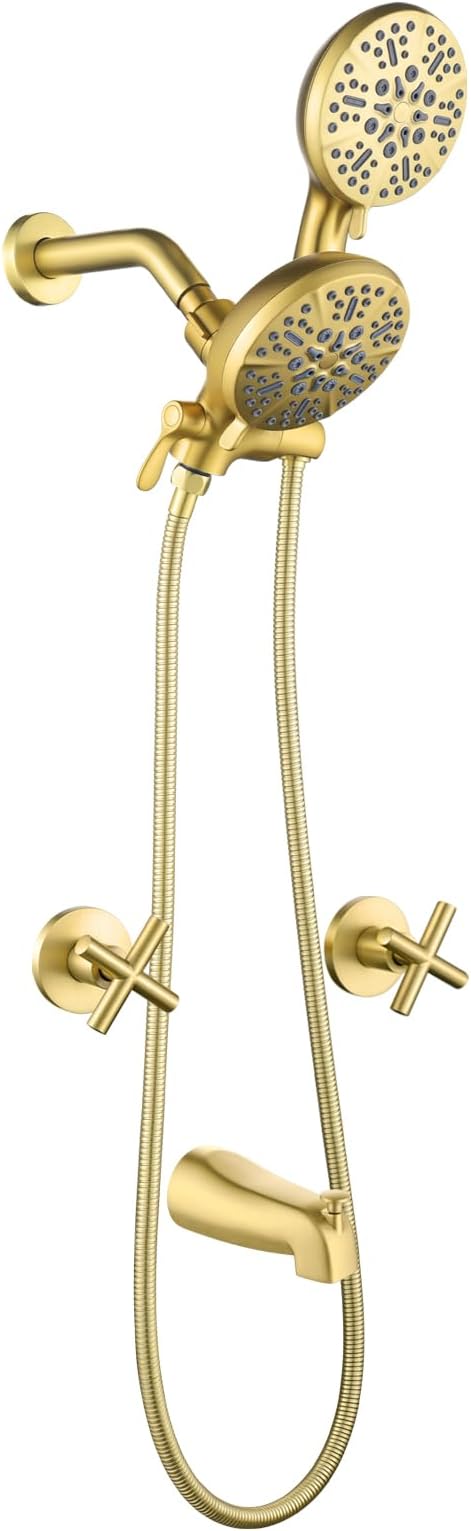2 Handle Shower Faucet Set with Tub Spout Bathtub Shower Faucet Combo Set Shower System Complete Tub and Shower Trim Kit Brushed Gold Wall Mounted Shower Fixtures