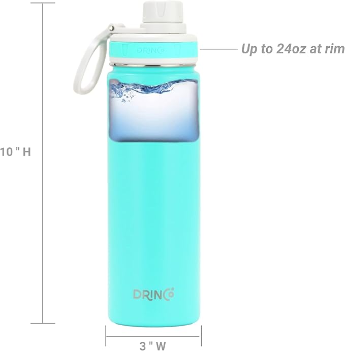 DRINCO Stainless Steel Water Bottle Spout Lid Vacuum Insulated Double Wall Water Bottle Wide Mouth (40oz 32oz 22oz 18oz 14oz) Leak Proof Keep Cold Sport Camping Hiking (22 oz, 22oz Teal)