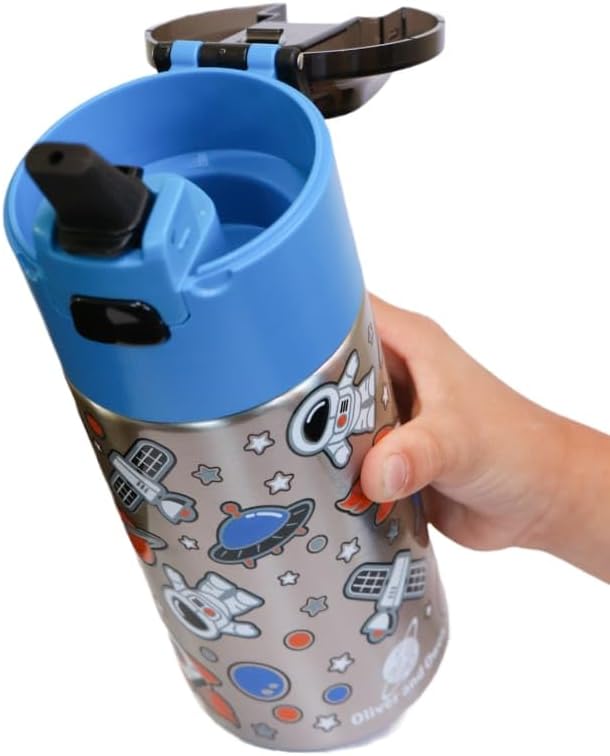 Kids insulated water bottle with straw and snack cup. Double wall stainless steel 14oz (blue and black astronaut)