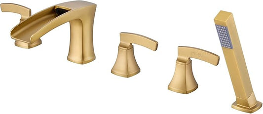 Roman Tub Faucet Waterfall Tub Filler Brushed Gold Deck Mount Bathtub Faucets 5 Hole Brass Bathroom Faucets with Hand Shower