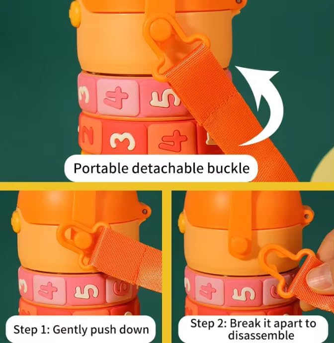 Numbers and Maths Symbols Design Kids' Water Bottle with Straw for School or Travel; 15oz (430ml) Stainless Steel water Bottle; Portable Handle with Detachable Buckle (Pink), CZMX-30031