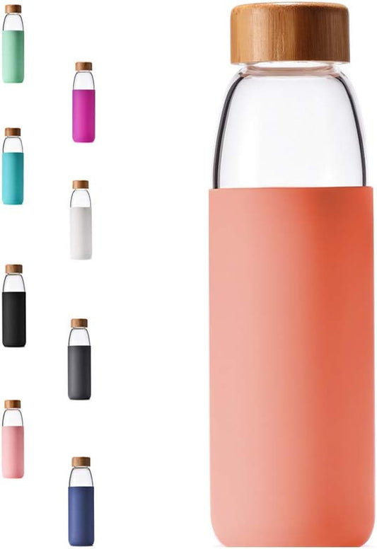 veegoal Glass Water Bottles 25 Oz Borosilicate with Bamboo Lid, BPA-FREE, Non-Slip Silicone Sleeve, and Stainless Steel Leak Proof Lid - Reusable Glass Bottle for Men and Women